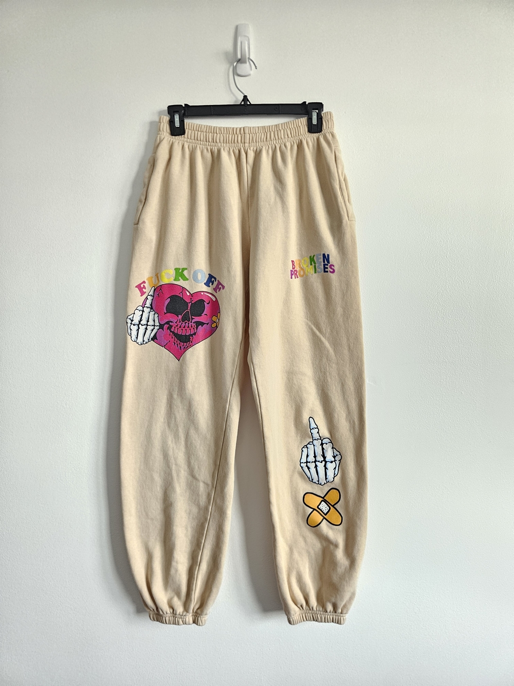 Broken Promises M Medium F Off Joggers Sweatpants Beige Cream Heart Rainbow